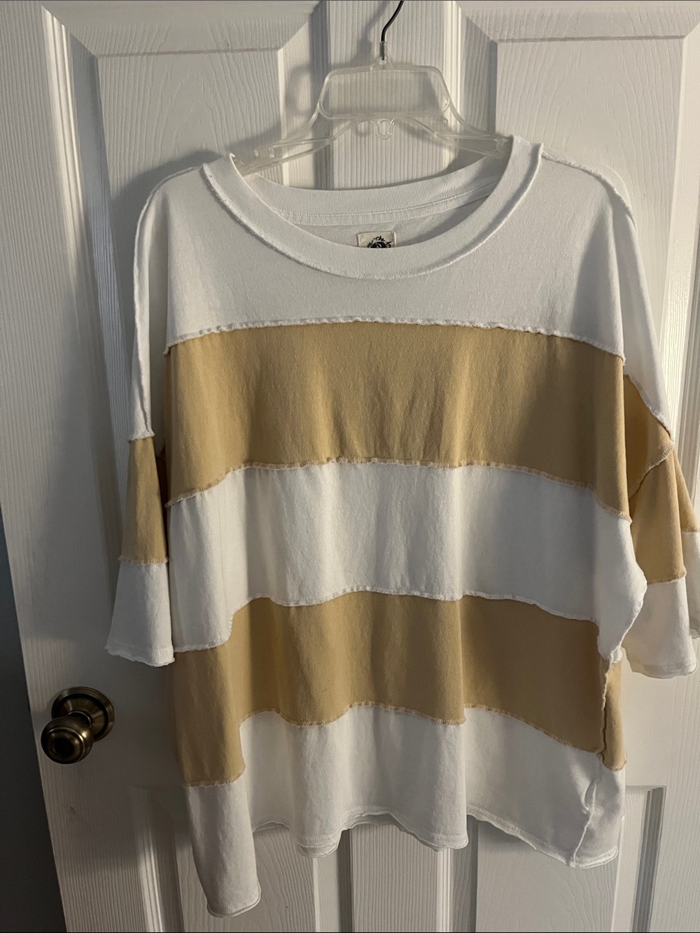 We The Free White and Tan Striped Short Sleeve Tee
